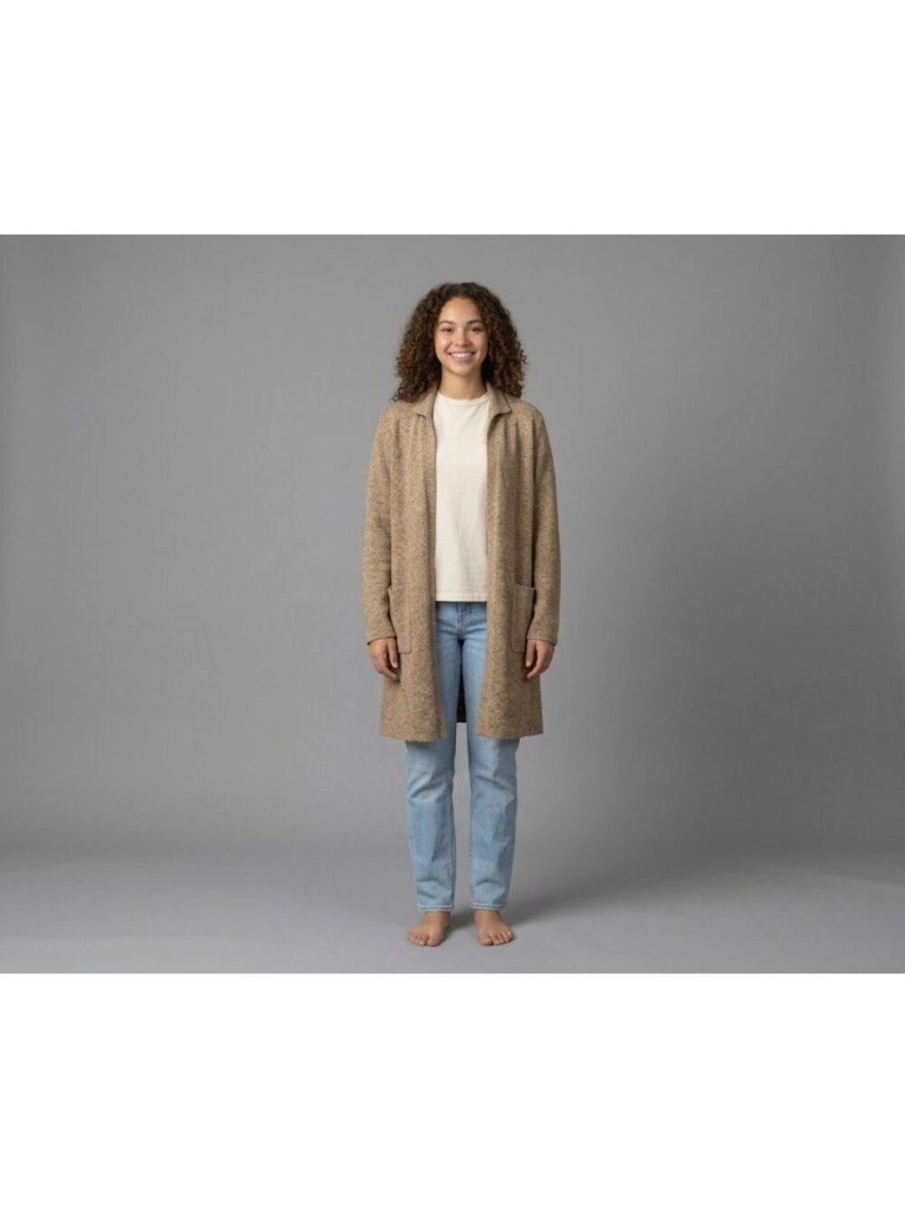 Monteau Womens Longline Open Front Cardigan Sweater L Soft Knit Beige-Brown Pock